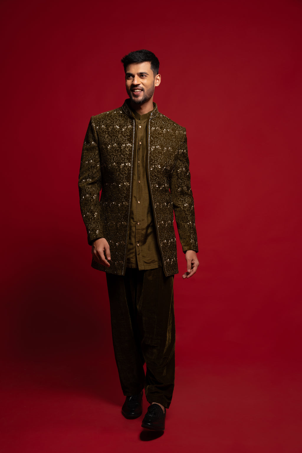 Seaweed Velvet Embroidered Indowestern Set