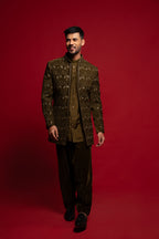 Seaweed Velvet Embroidered Indowestern Set