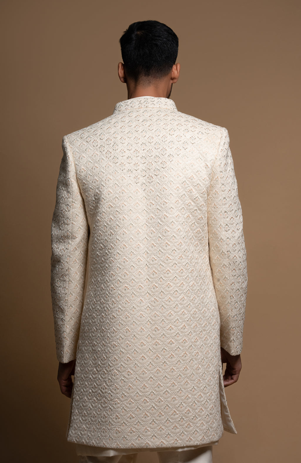 Off White Silk Embroidered Indowestern Sherwani set