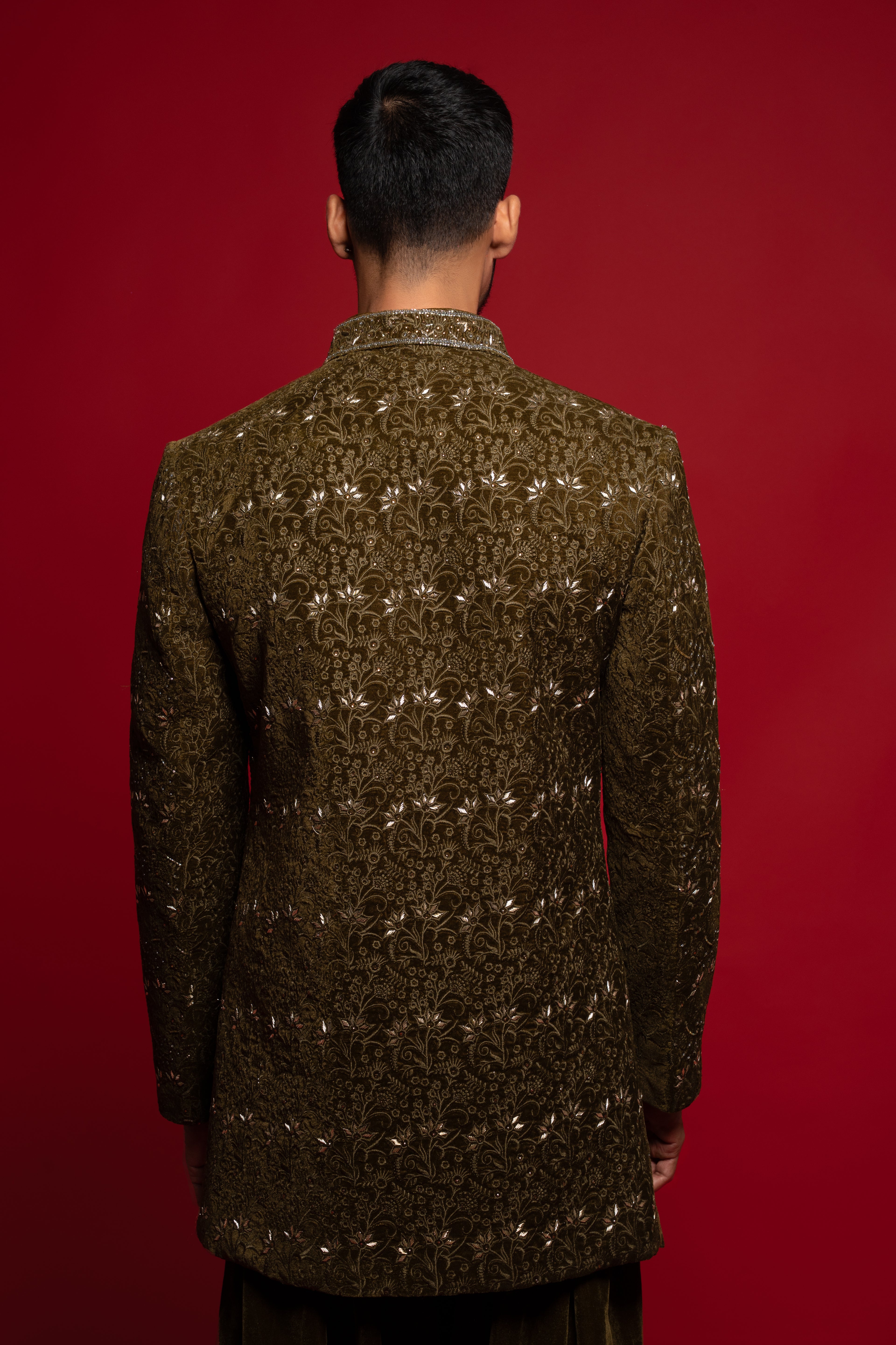 Seaweed Velvet Embroidered Indowestern Set