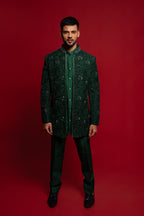 Green Velvet Embroidered Indowestern Set