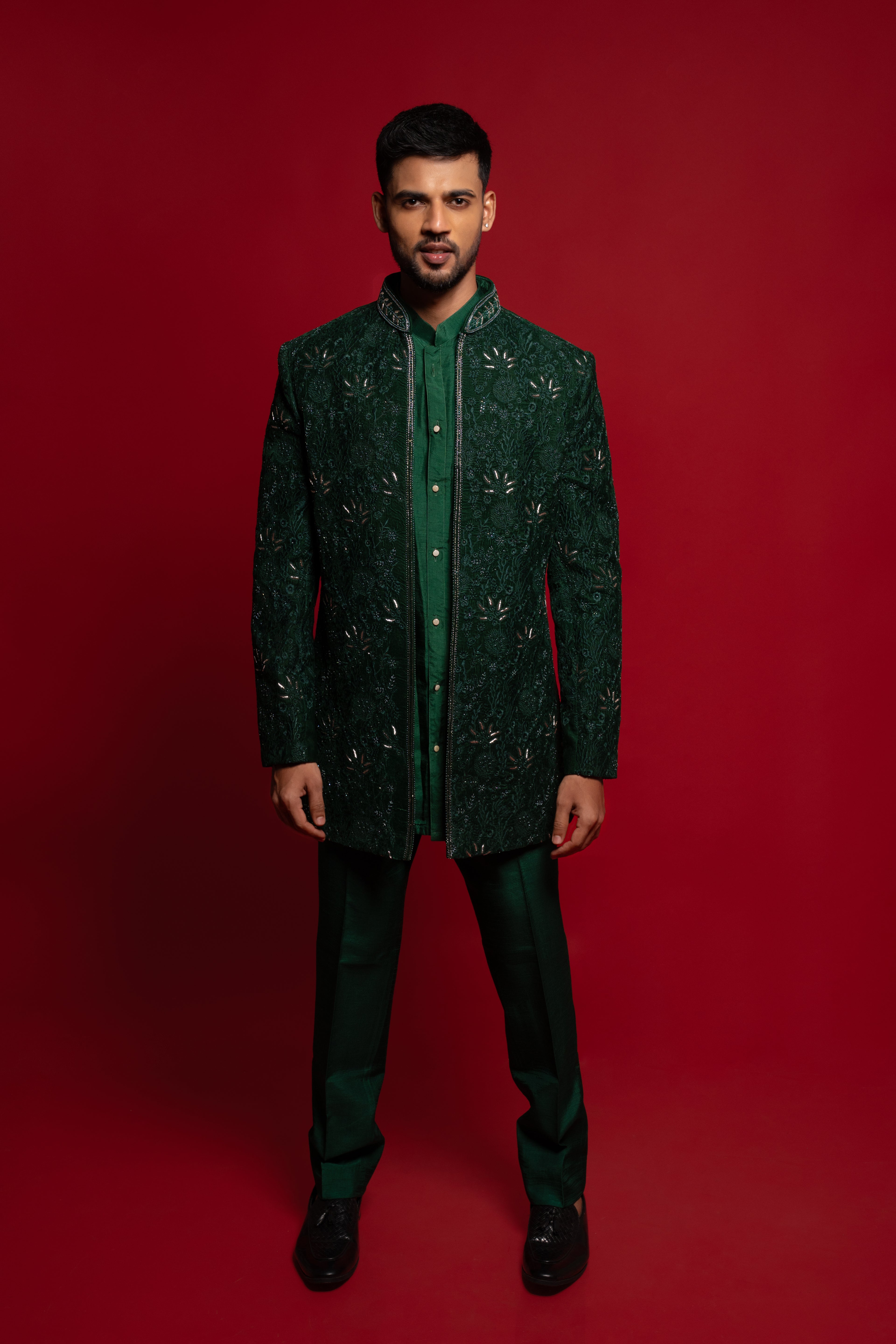 Green Velvet Embroidered Indowestern Set