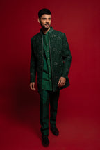 Green Velvet Embroidered Indowestern Set