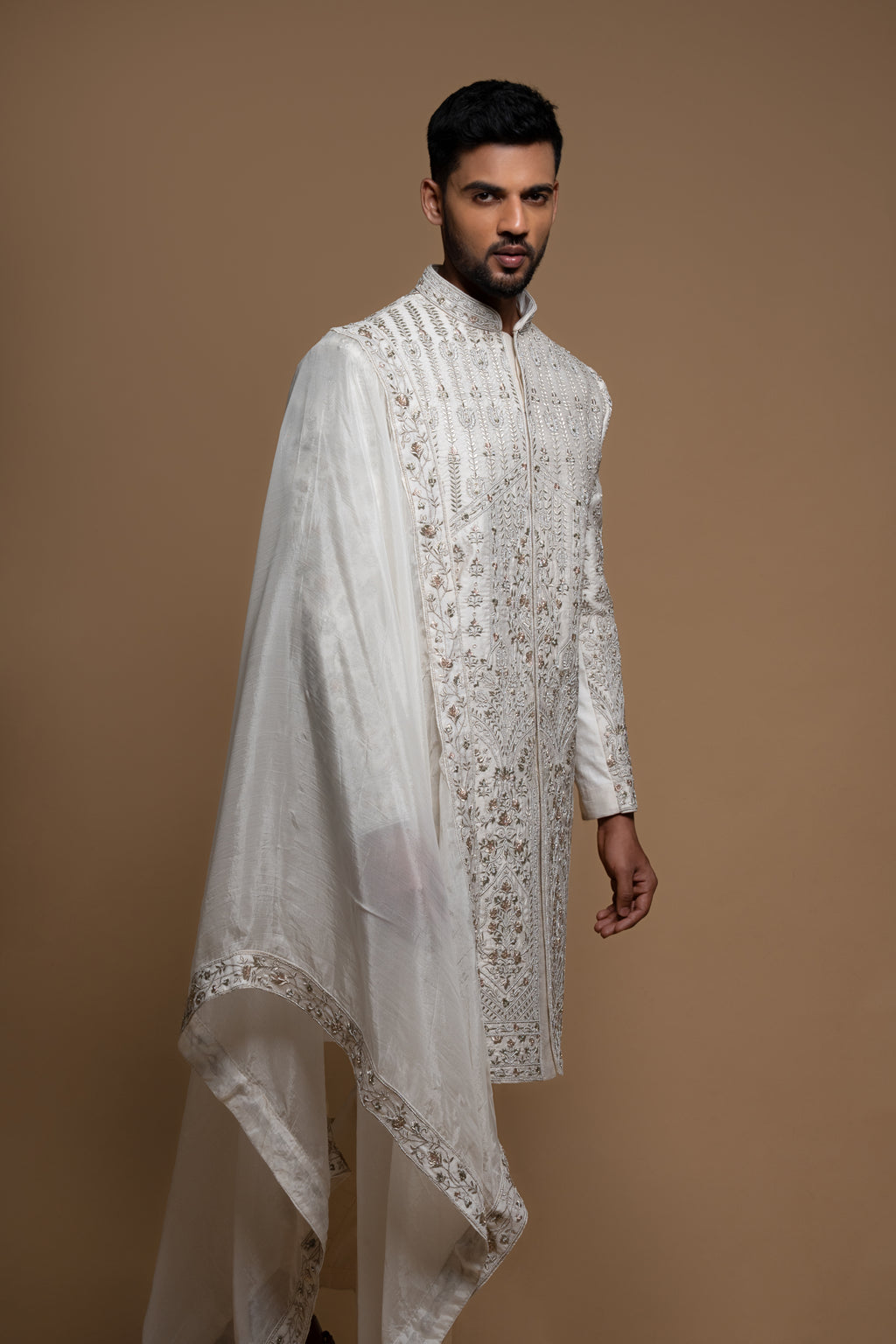 White Silk Thread & Cutdana Ornamental Sherwani