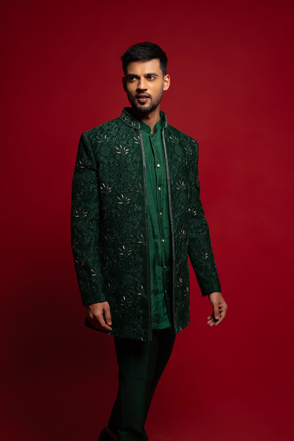 Green Velvet Embroidered Indowestern Set
