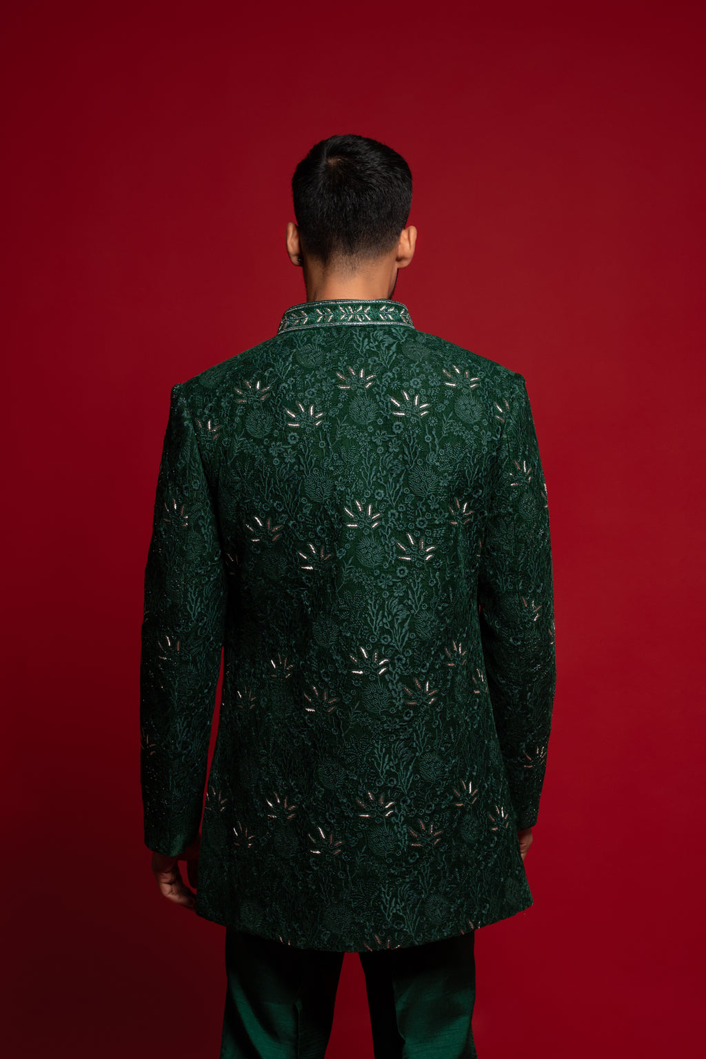 Green Velvet Embroidered Indowestern Set