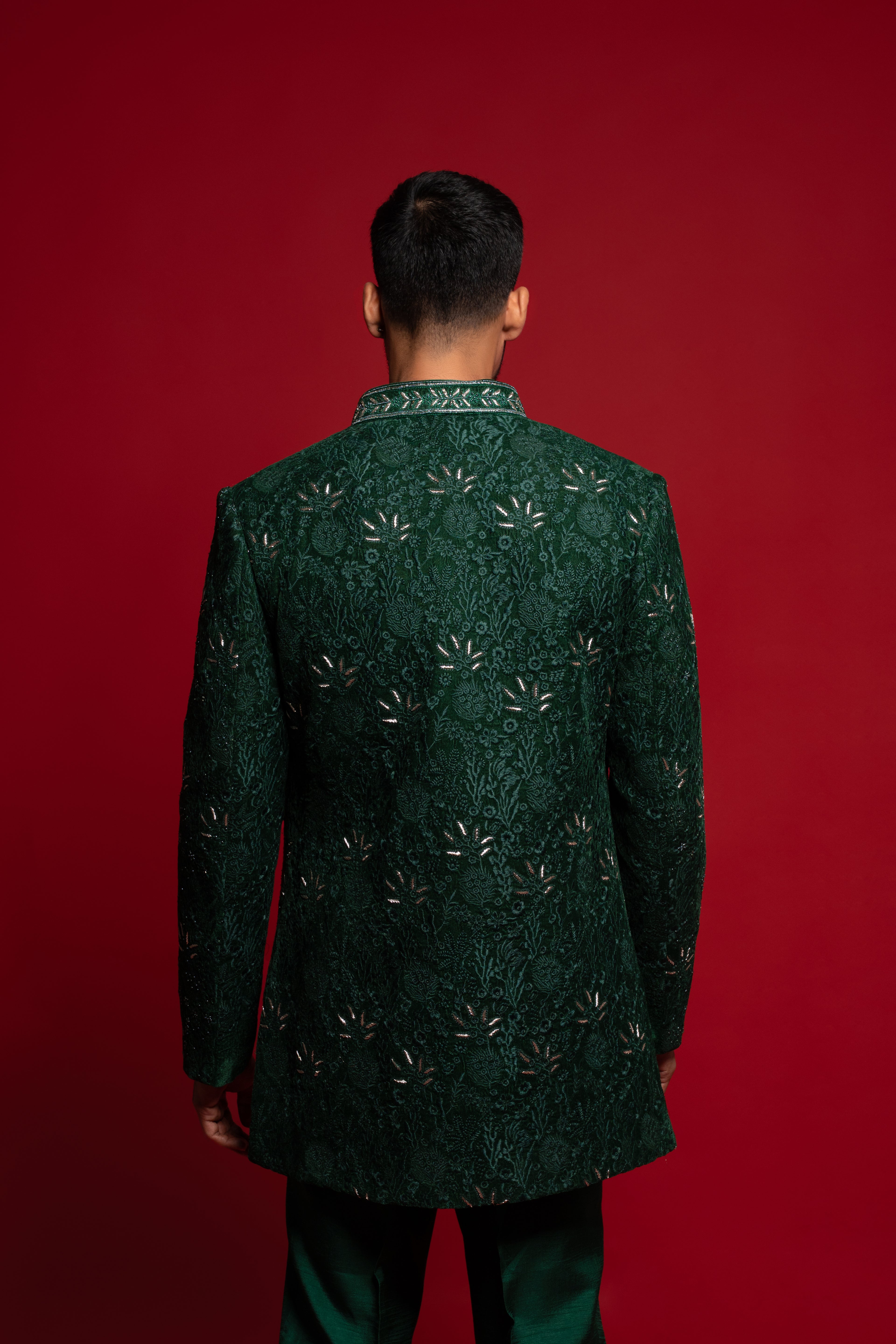Green Velvet Embroidered Indowestern Set