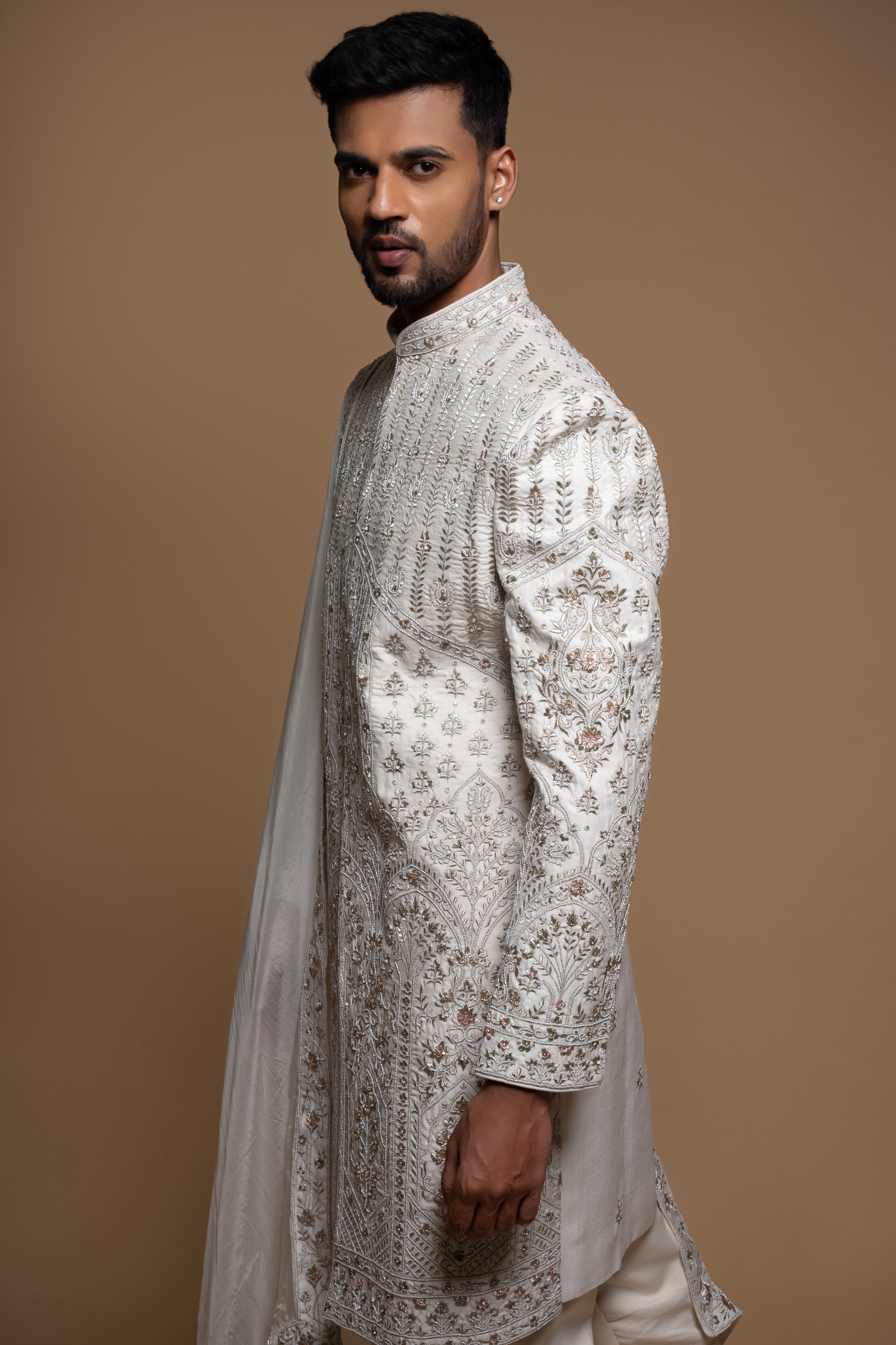 White Silk Thread & Cutdana Ornamental Sherwani