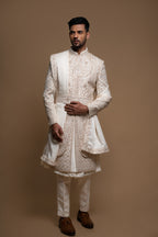 Off White Silk Layered Artisanal Embroidered Sherwani