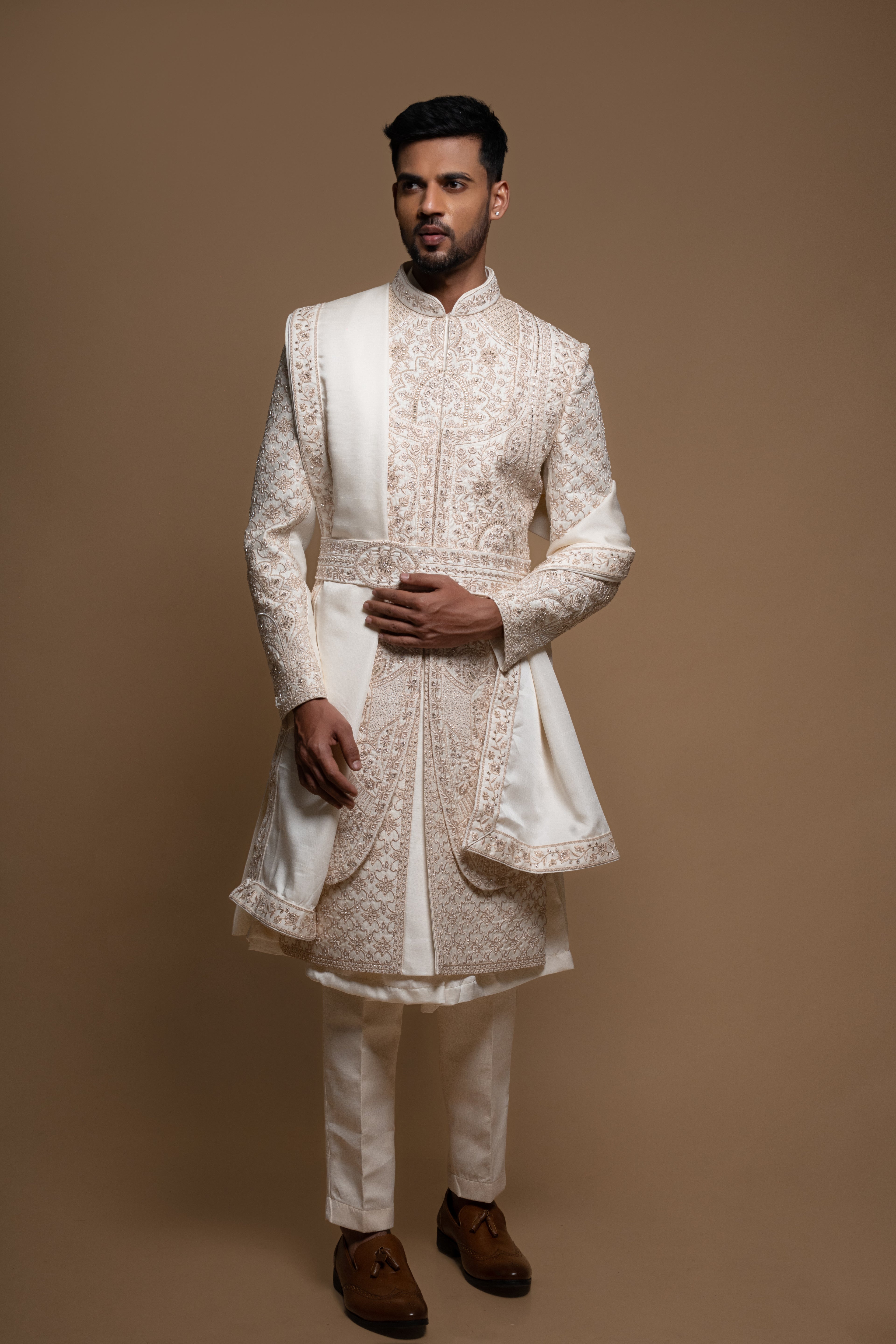 Off White Silk Layered Artisanal Embroidered Sherwani