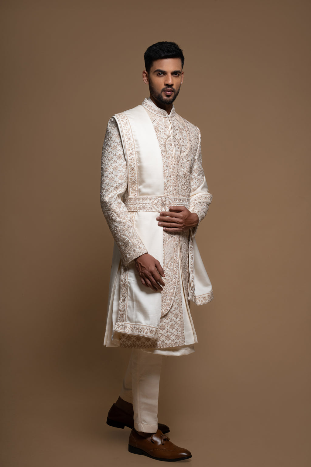 Off White Silk Layered Artisanal Embroidered Sherwani