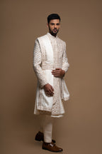 Off White Silk Layered Artisanal Embroidered Sherwani