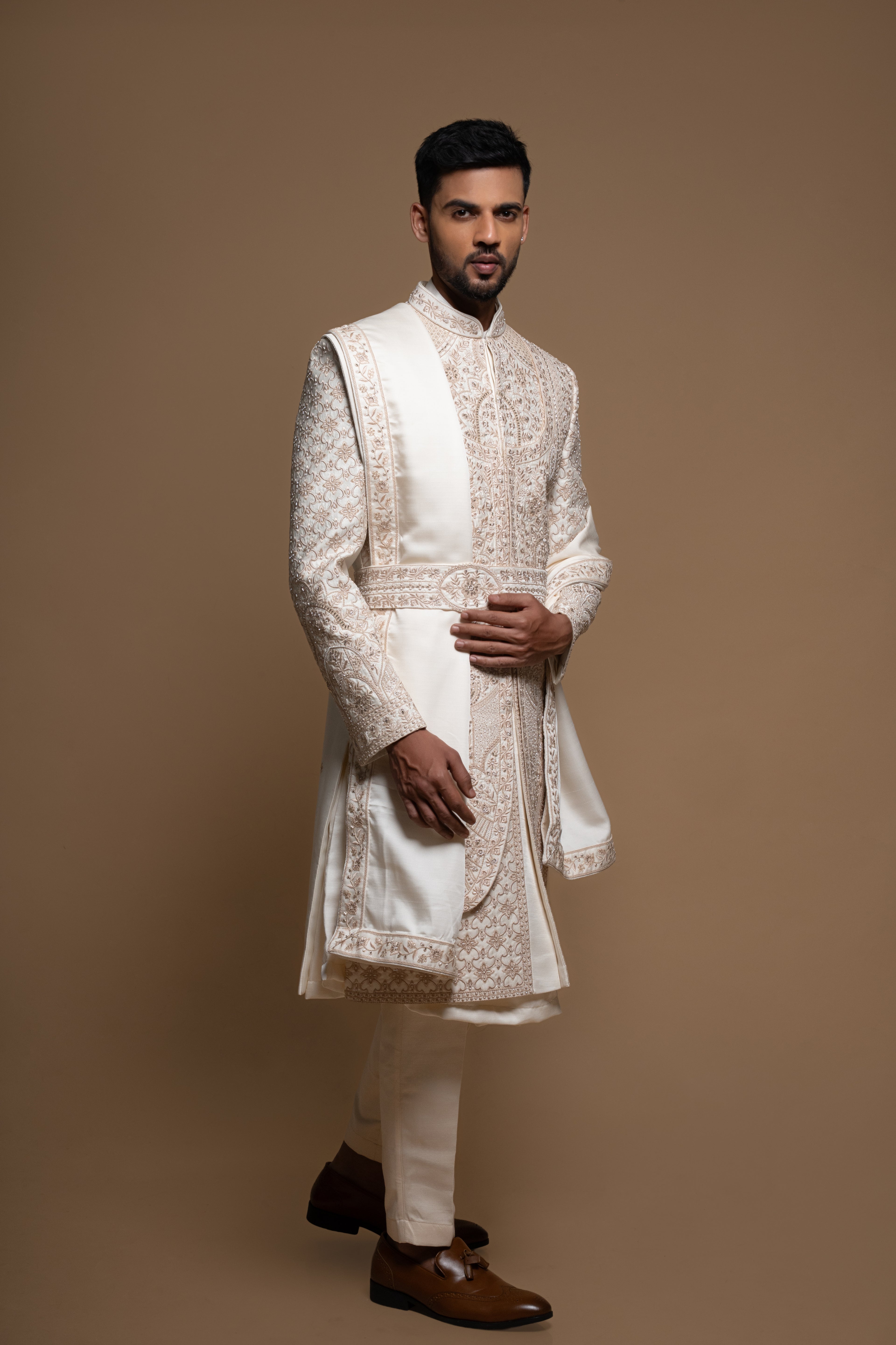 Off White Silk Layered Artisanal Embroidered Sherwani