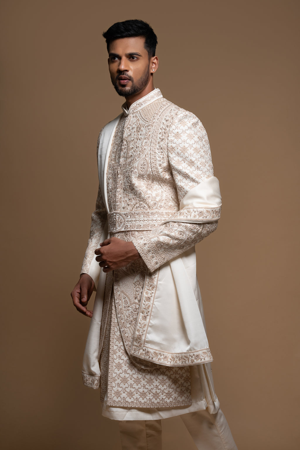 Off White Silk Layered Artisanal Embroidered Sherwani