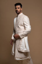 Off White Silk Layered Artisanal Embroidered Sherwani