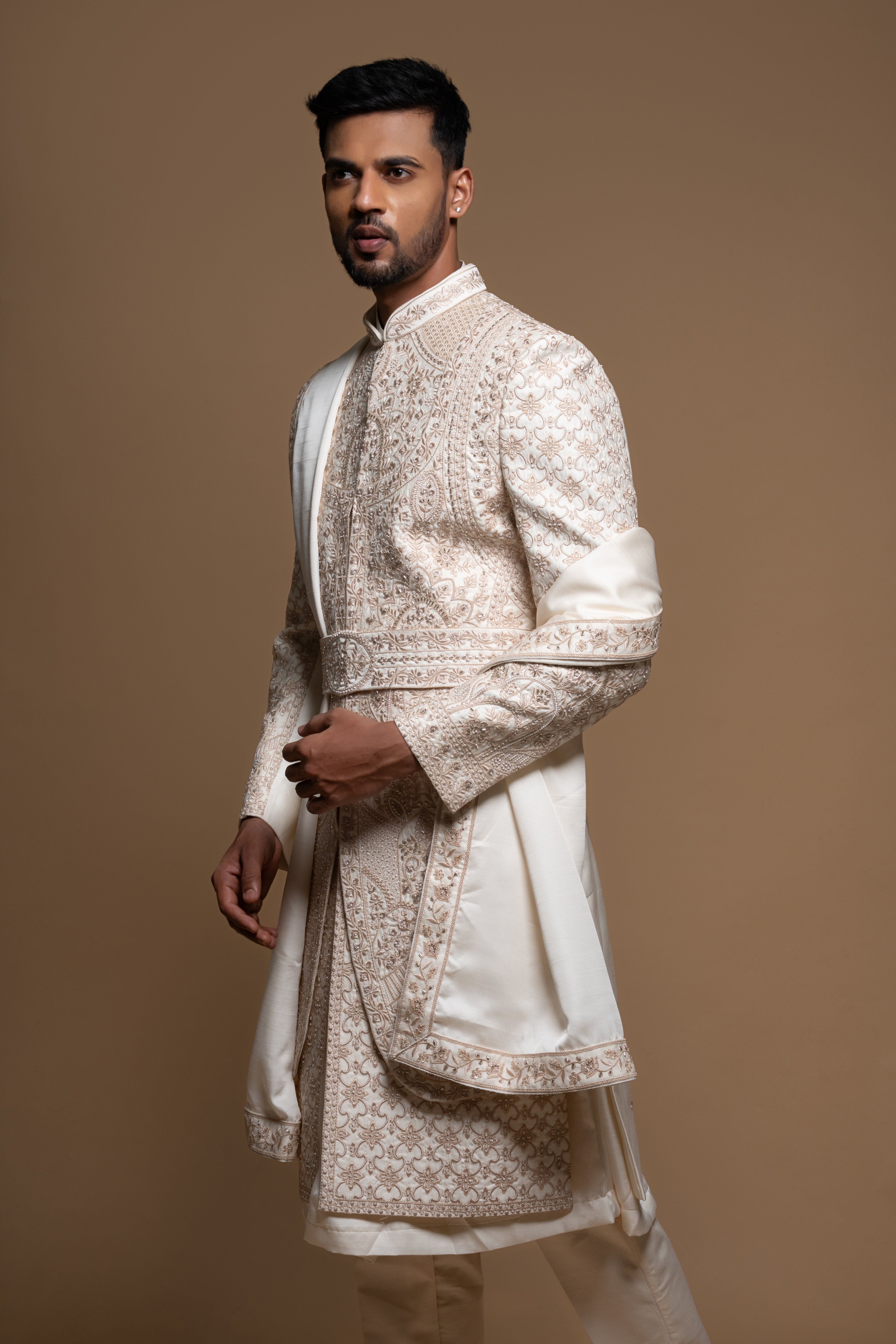 Off White Silk Layered Artisanal Embroidered Sherwani