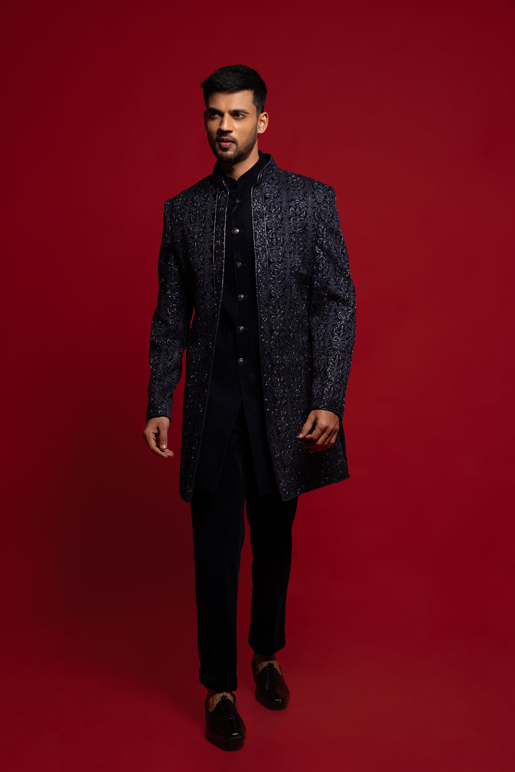 Navy Blue Velvet Heavy Embroidered Indowestern Set