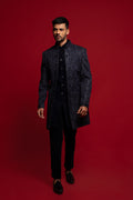 Navy Blue Velvet Heavy Embroidered Indowestern Set