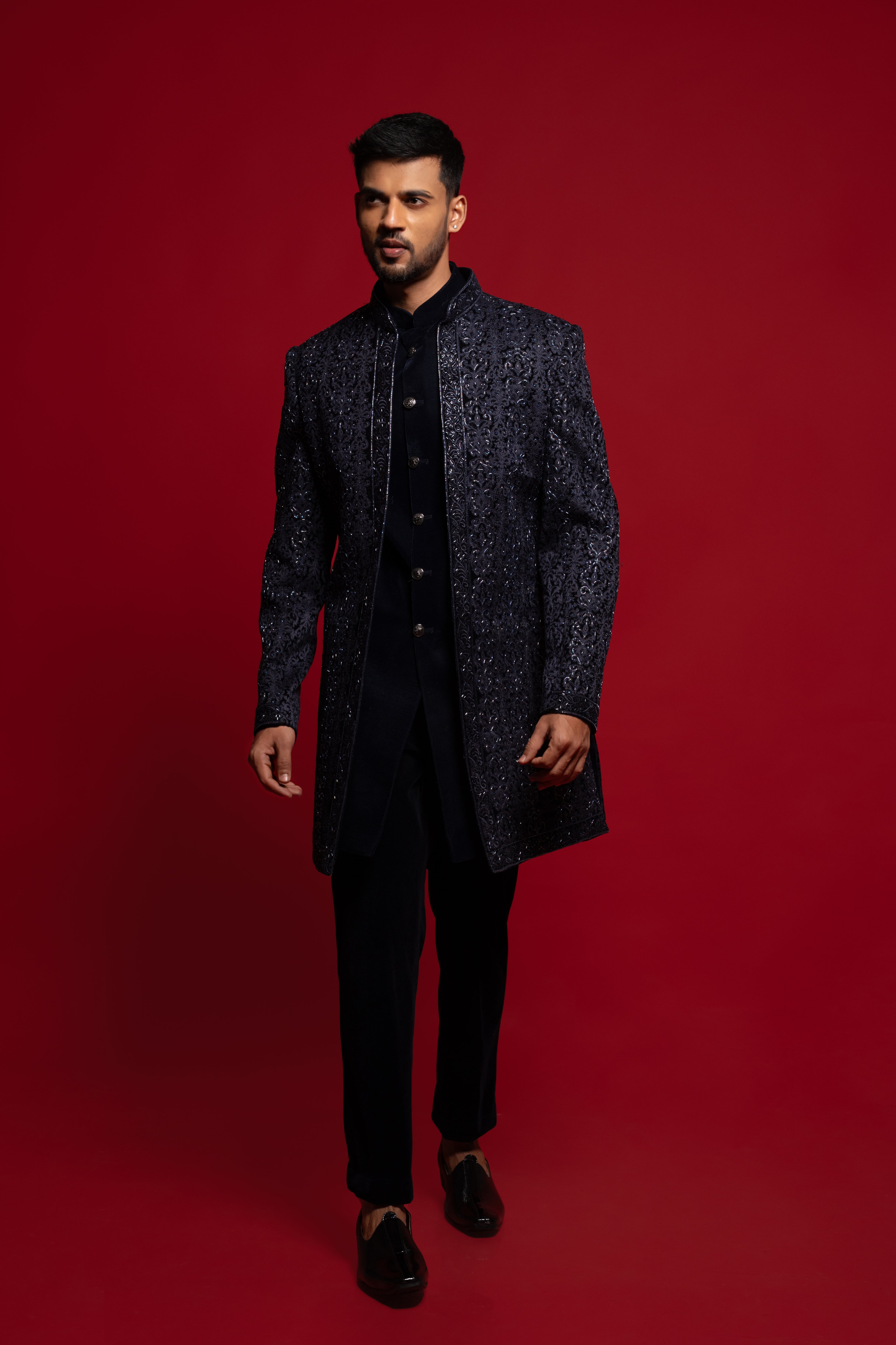 Navy Blue Velvet Heavy Embroidered Indowestern Set