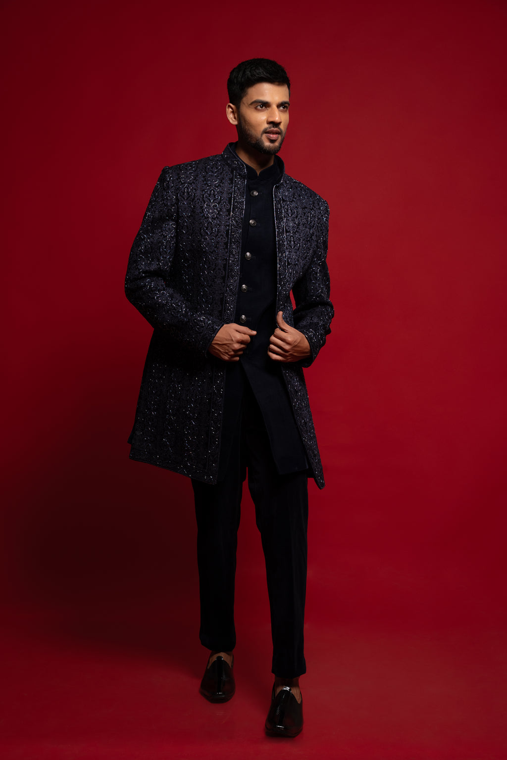 Navy Blue Velvet Heavy Embroidered Indowestern Set