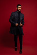 Navy Blue Velvet Heavy Embroidered Indowestern Set