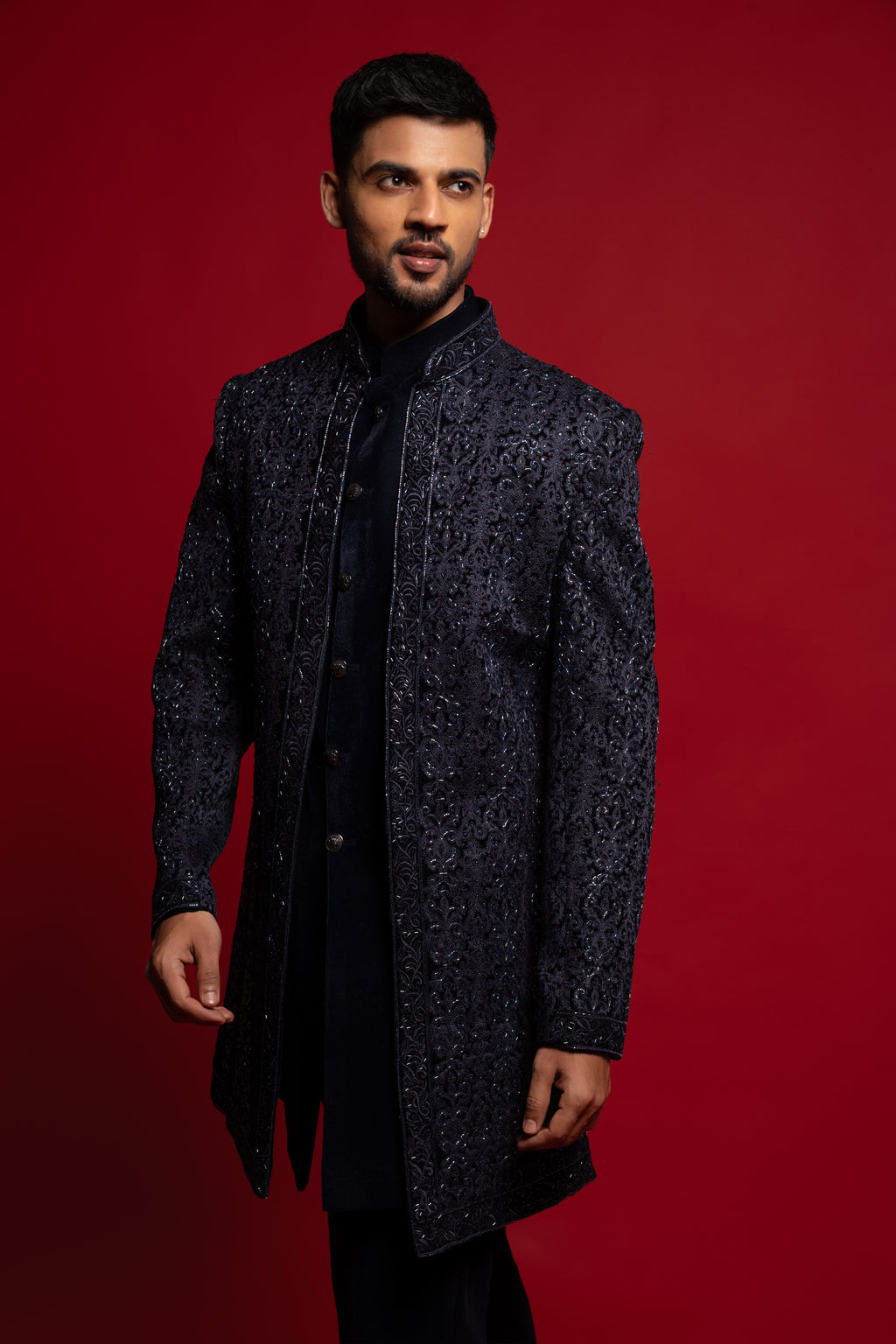 Navy Blue Velvet Heavy Embroidered Indowestern Set
