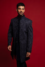 Navy Blue Velvet Heavy Embroidered Indowestern Set