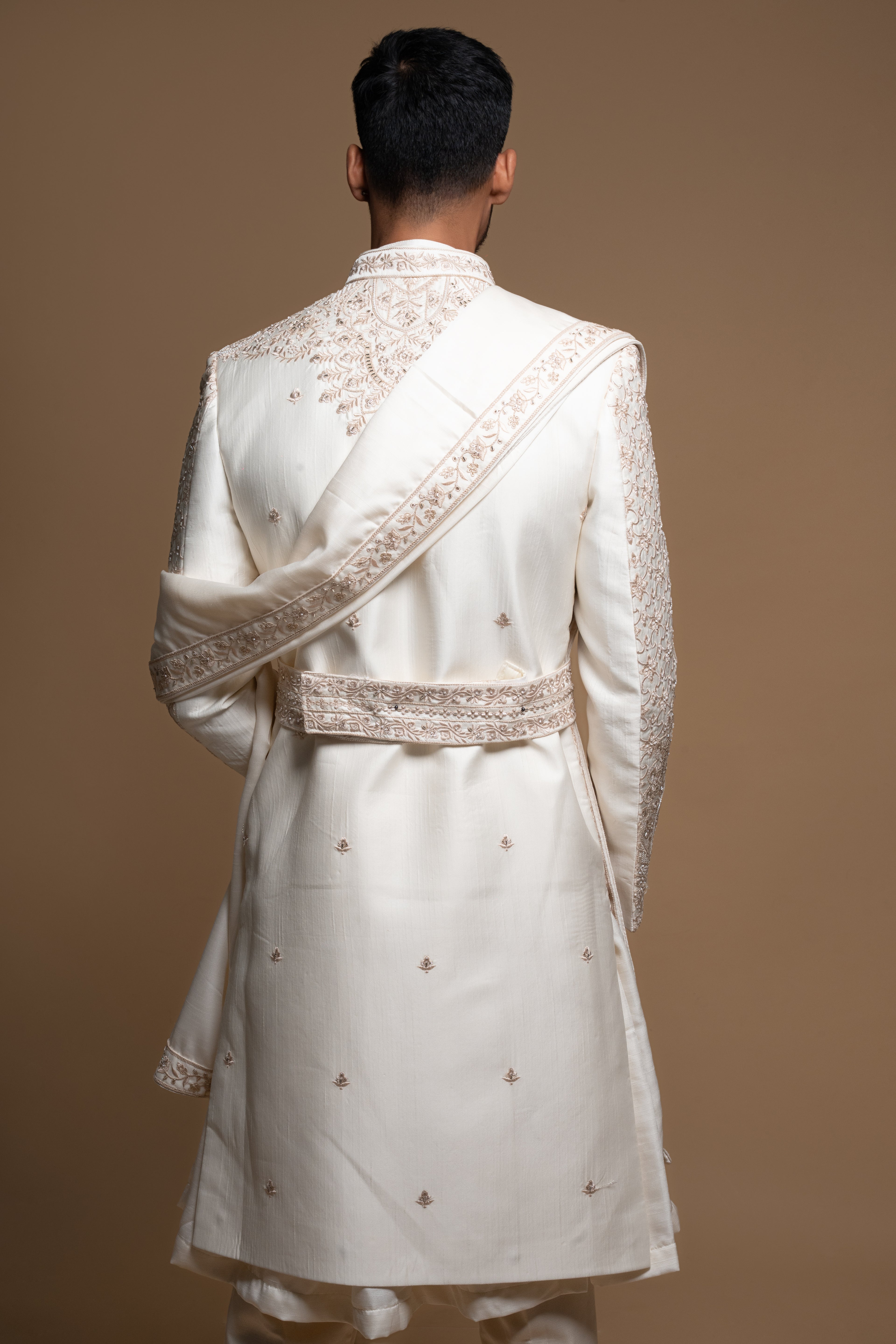 Off White Silk Layered Artisanal Embroidered Sherwani