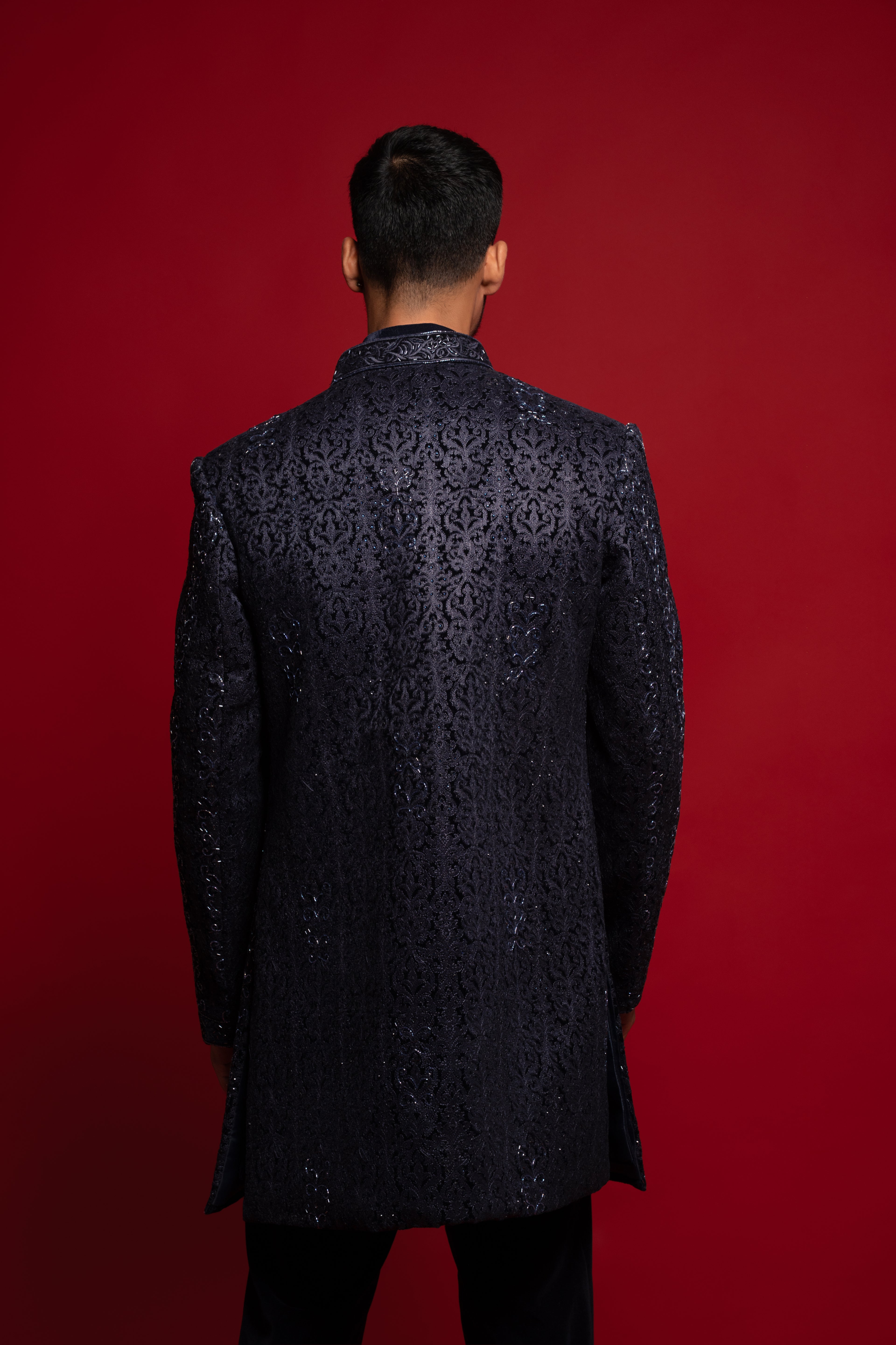 Navy Blue Velvet Heavy Embroidered Indowestern Set