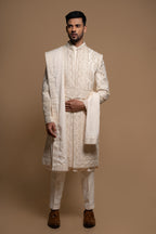 Off White Silk Thread & Stone Embroidered Sherwani