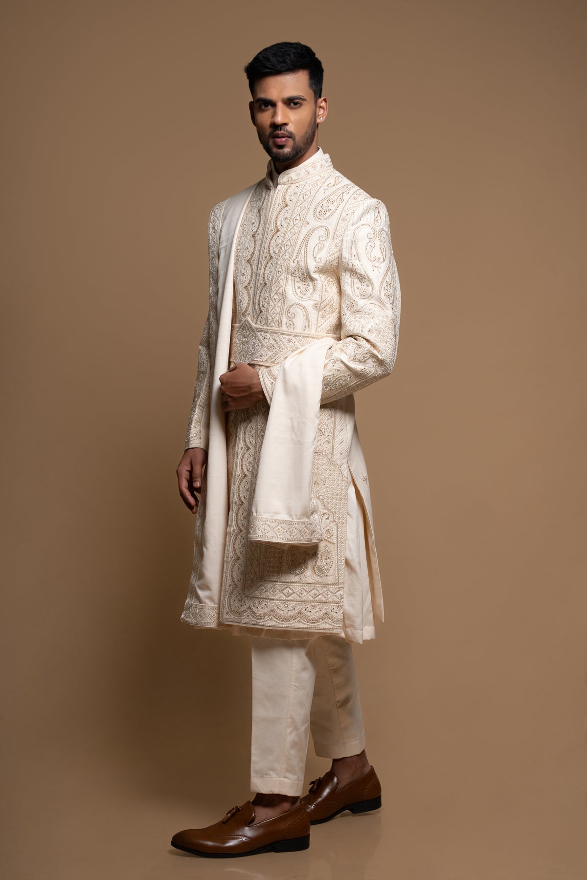 Off White Silk Thread & Stone Embroidered Sherwani