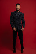 Navy Blue Velvet Zardosi Bandhgala Jodhpuri Set for Men