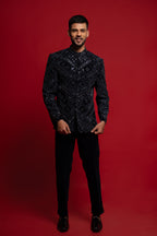 Navy Blue Velvet Zardosi Bandhgala Jodhpuri Set for Men