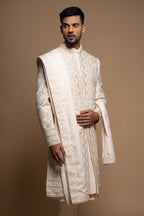 Off White Silk Thread & Stone Embroidered Sherwani