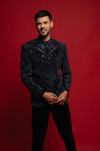 Navy Blue Velvet Zardosi Bandhgala Jodhpuri Set for Men