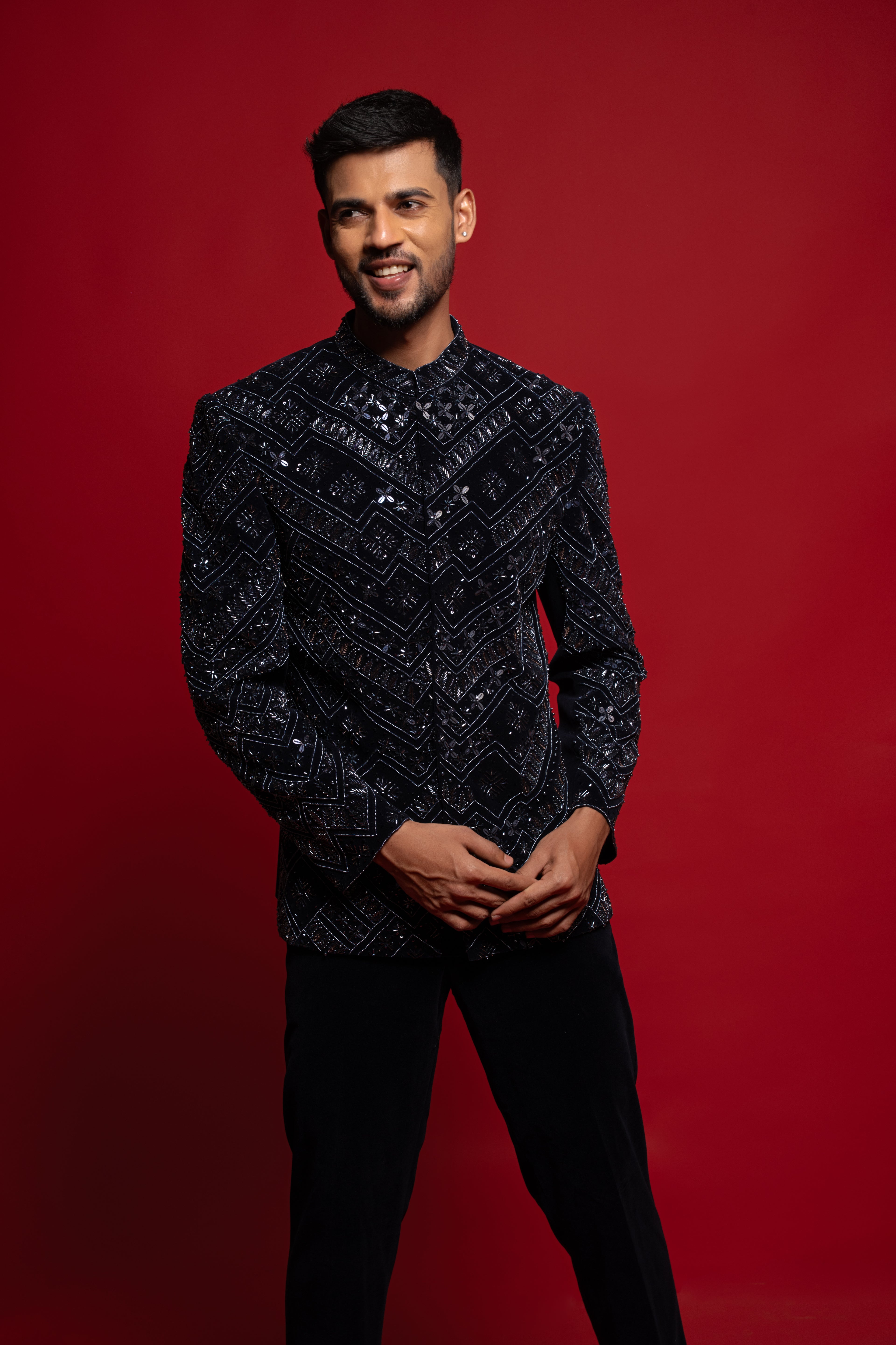 Navy Blue Velvet Zardosi Bandhgala Jodhpuri Set for Men