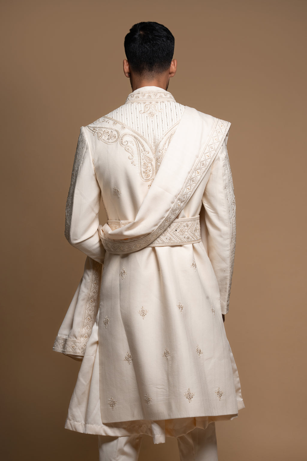 Off White Silk Thread & Stone Embroidered Sherwani
