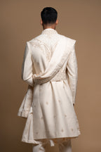 Off White Silk Thread & Stone Embroidered Sherwani