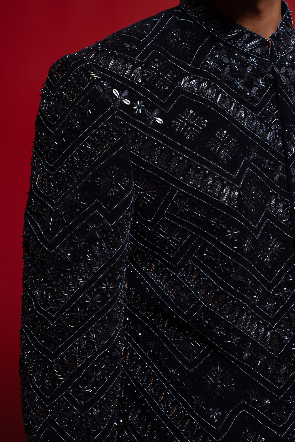 Navy Blue Velvet Zardosi Bandhgala Jodhpuri Set for Men