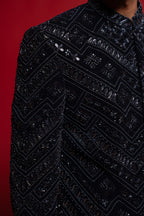 Navy Blue Velvet Zardosi Bandhgala Jodhpuri Set for Men