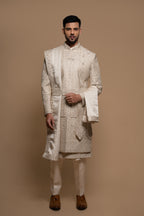 Off White Silk Embroidered Sherwani set