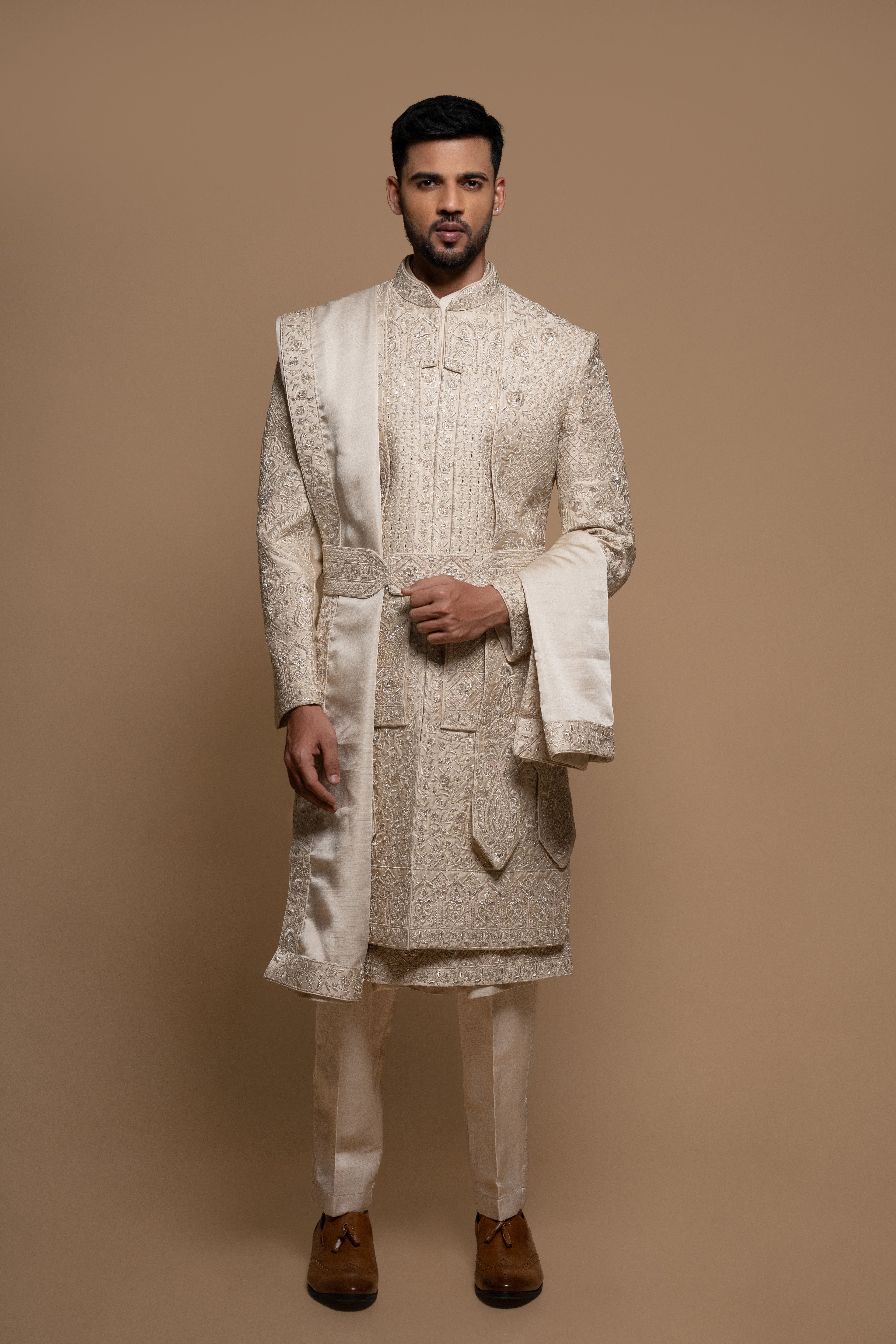 Off White Silk Embroidered Sherwani set