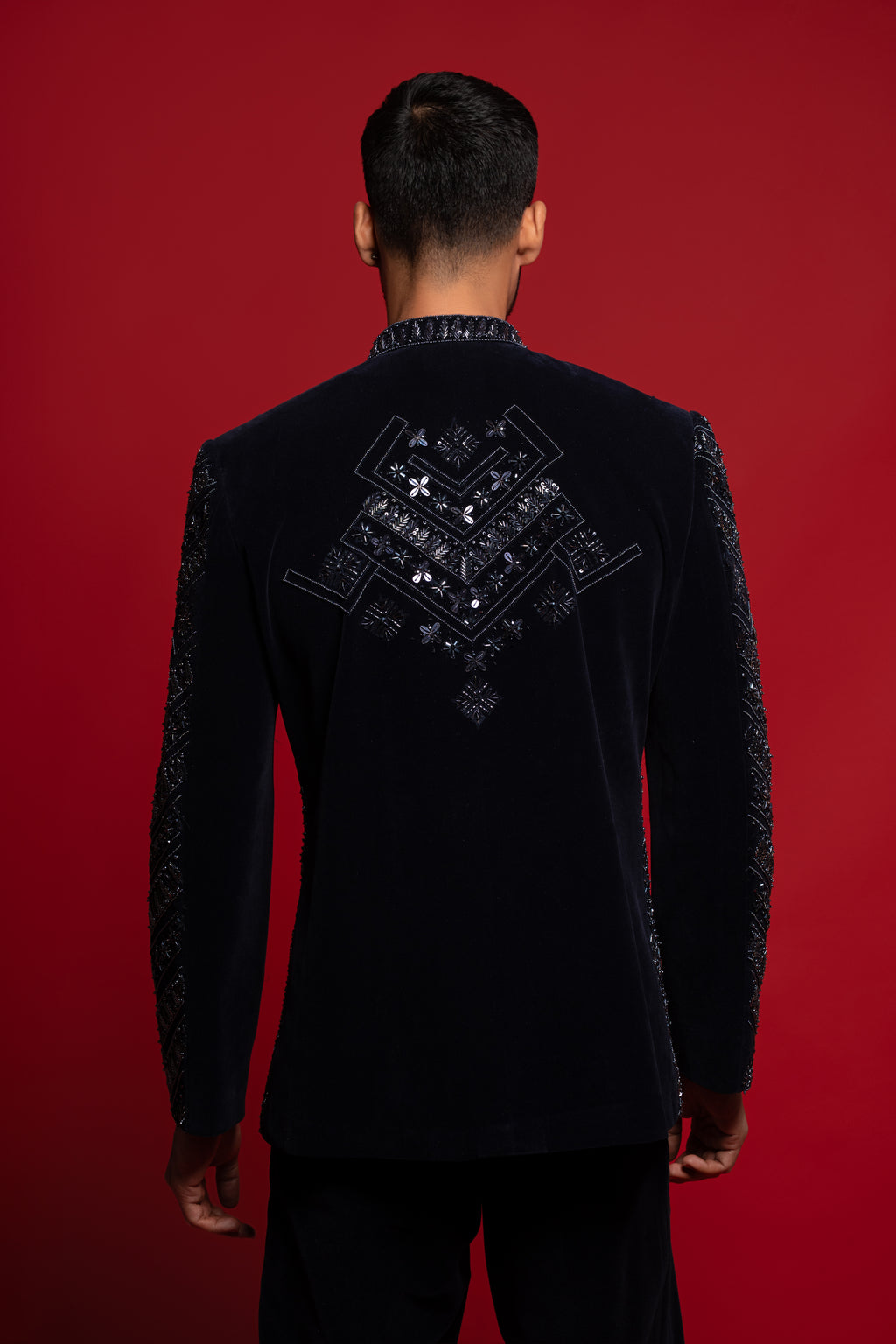Navy Blue Velvet Zardosi Bandhgala Jodhpuri Set for Men