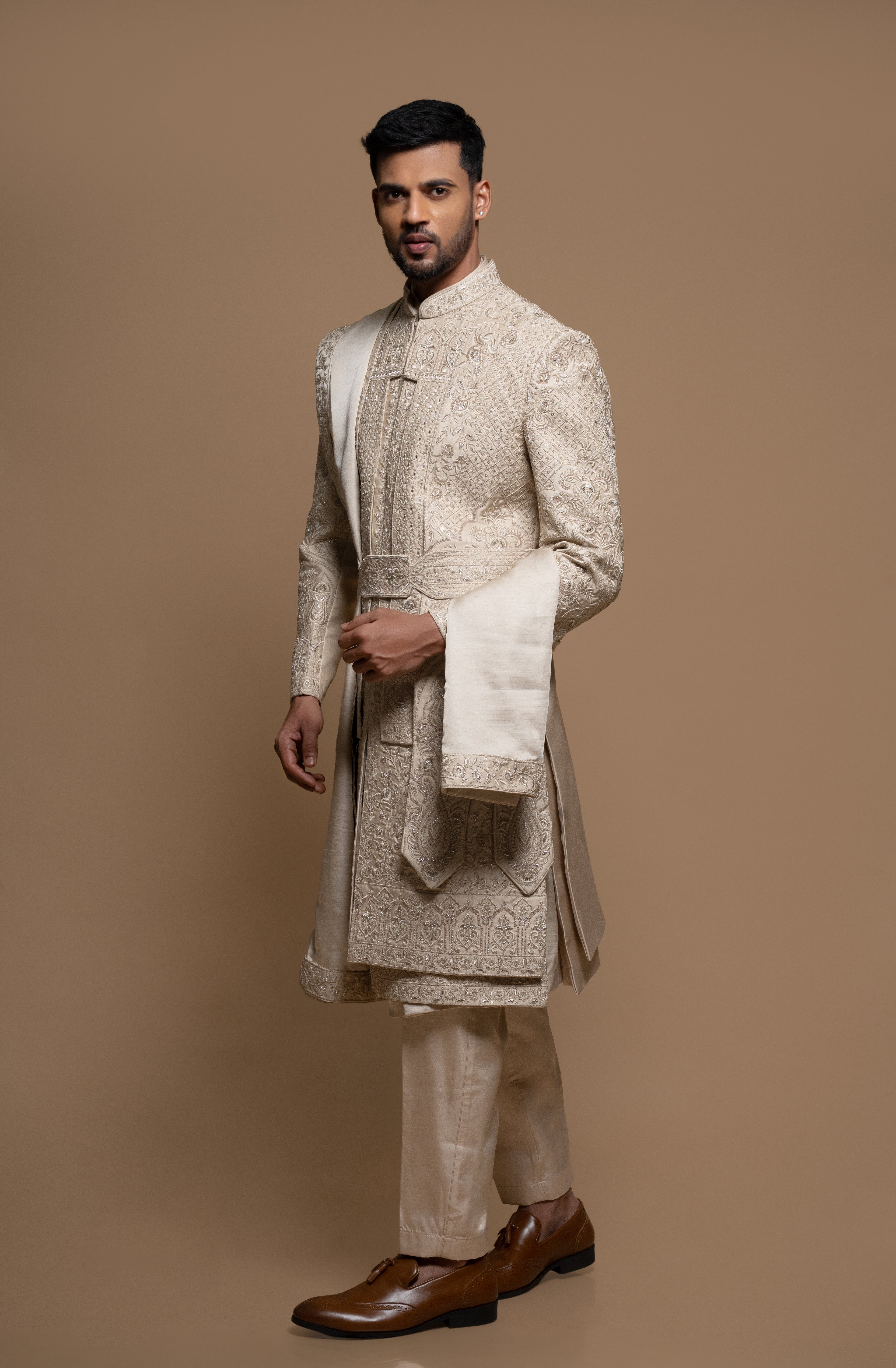 Off White Silk Embroidered Sherwani set