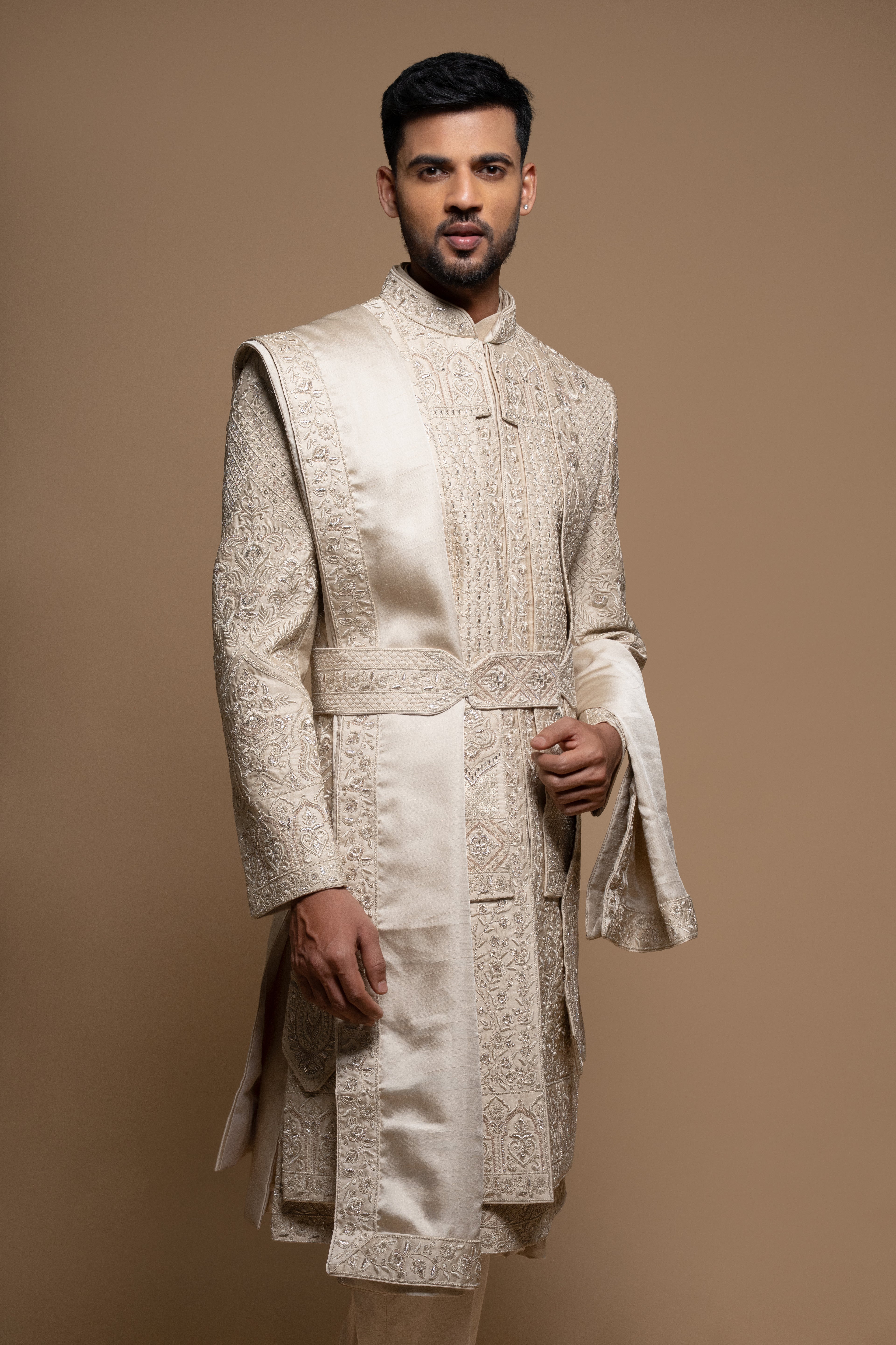 Off White Silk Embroidered Sherwani set
