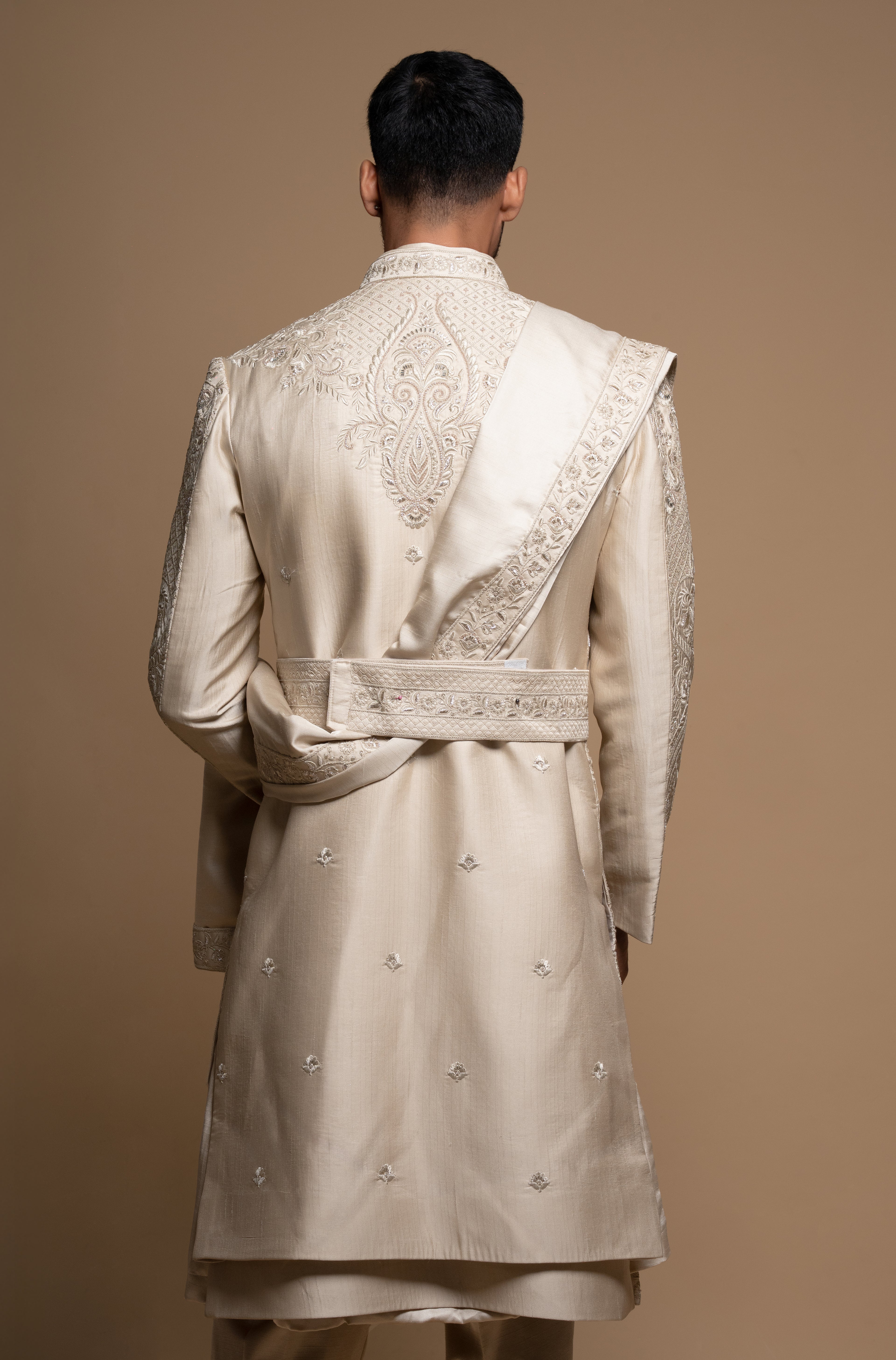 Off White Silk Embroidered Sherwani set