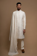 Cream Raw Silk Groom Sherwani with Pant
