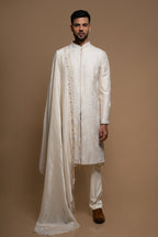 Cream Raw Silk Groom Sherwani with Pant