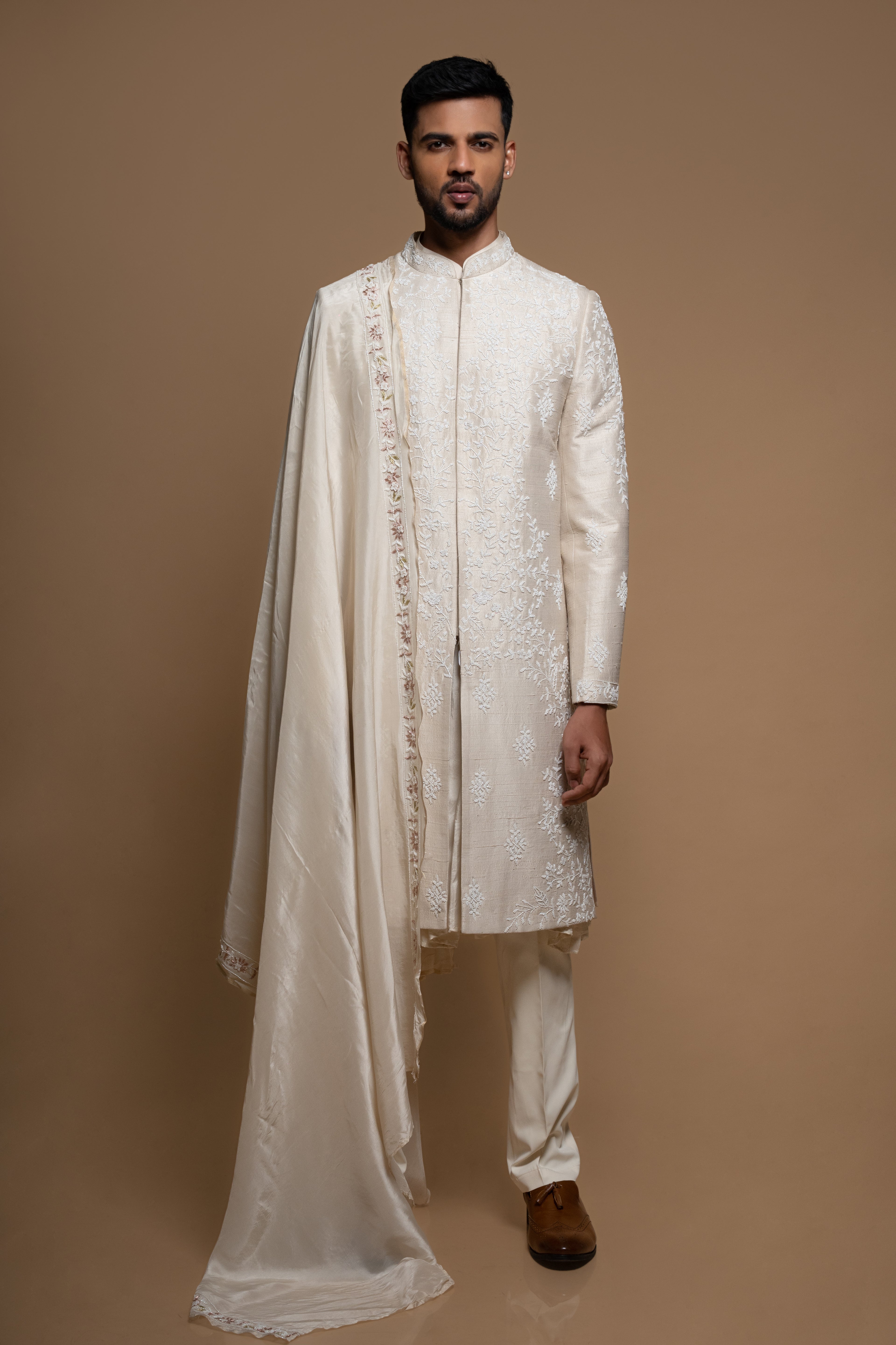 Cream Raw Silk Groom Sherwani with Pant