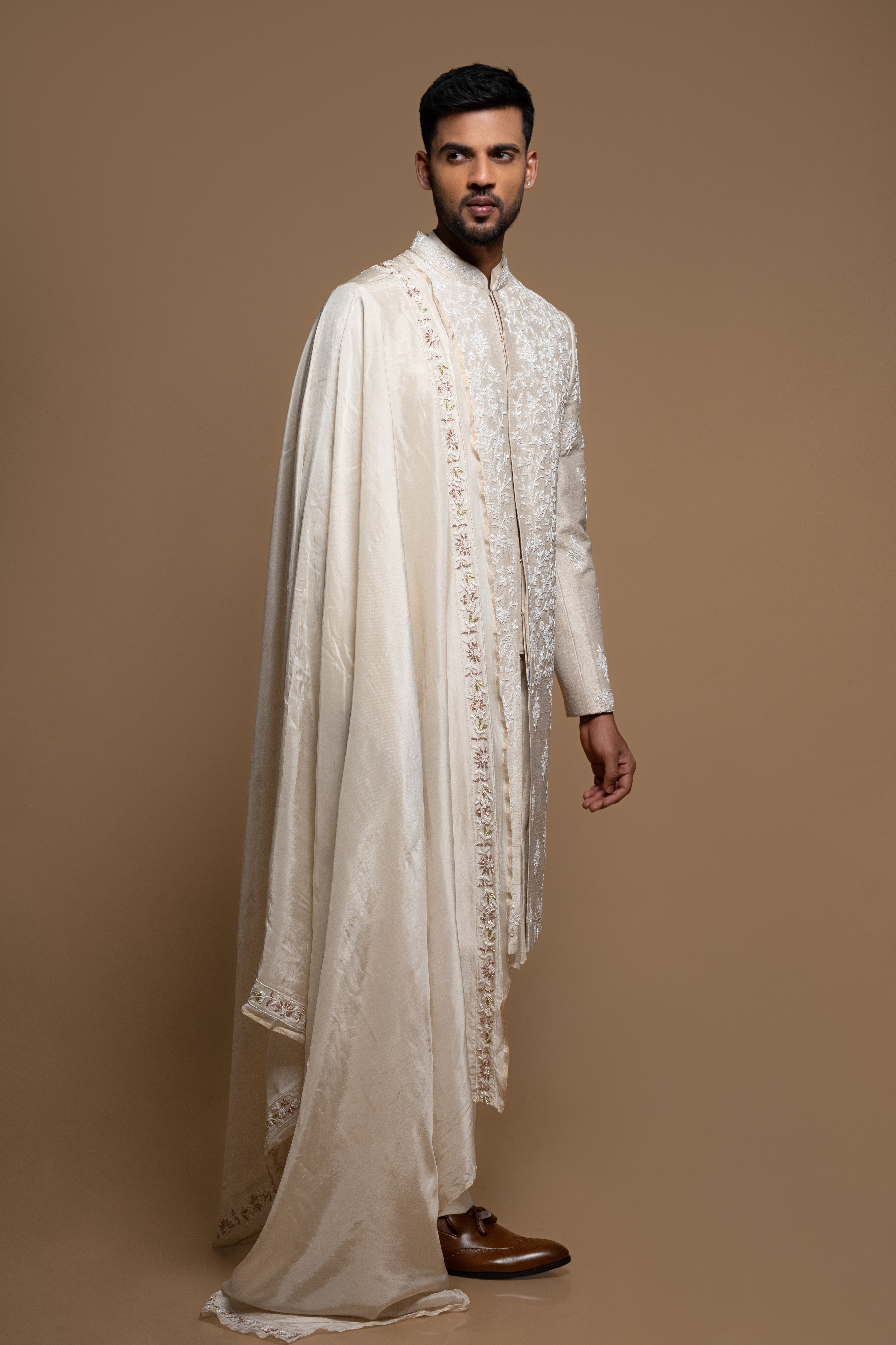 Cream Raw Silk Groom Sherwani with Pant